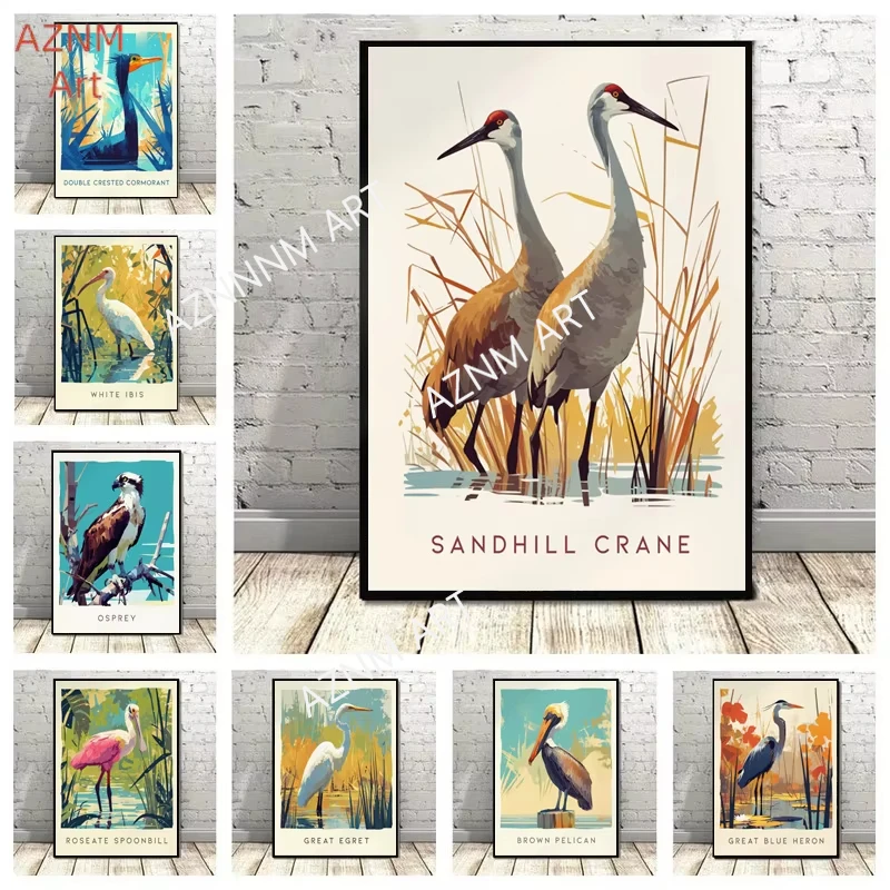 Vintage Abstract Oil Paint Wild Birds Animals Pointed Mouth and Long Legs Posters Canvas Prints Art Picture Home Room Wall Decor