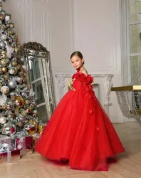 Applique Red Flower Girl Dresses For Wedding Puffy Tulle Off The Shoulder Princess Dress Baby First Communion Ball Gowns