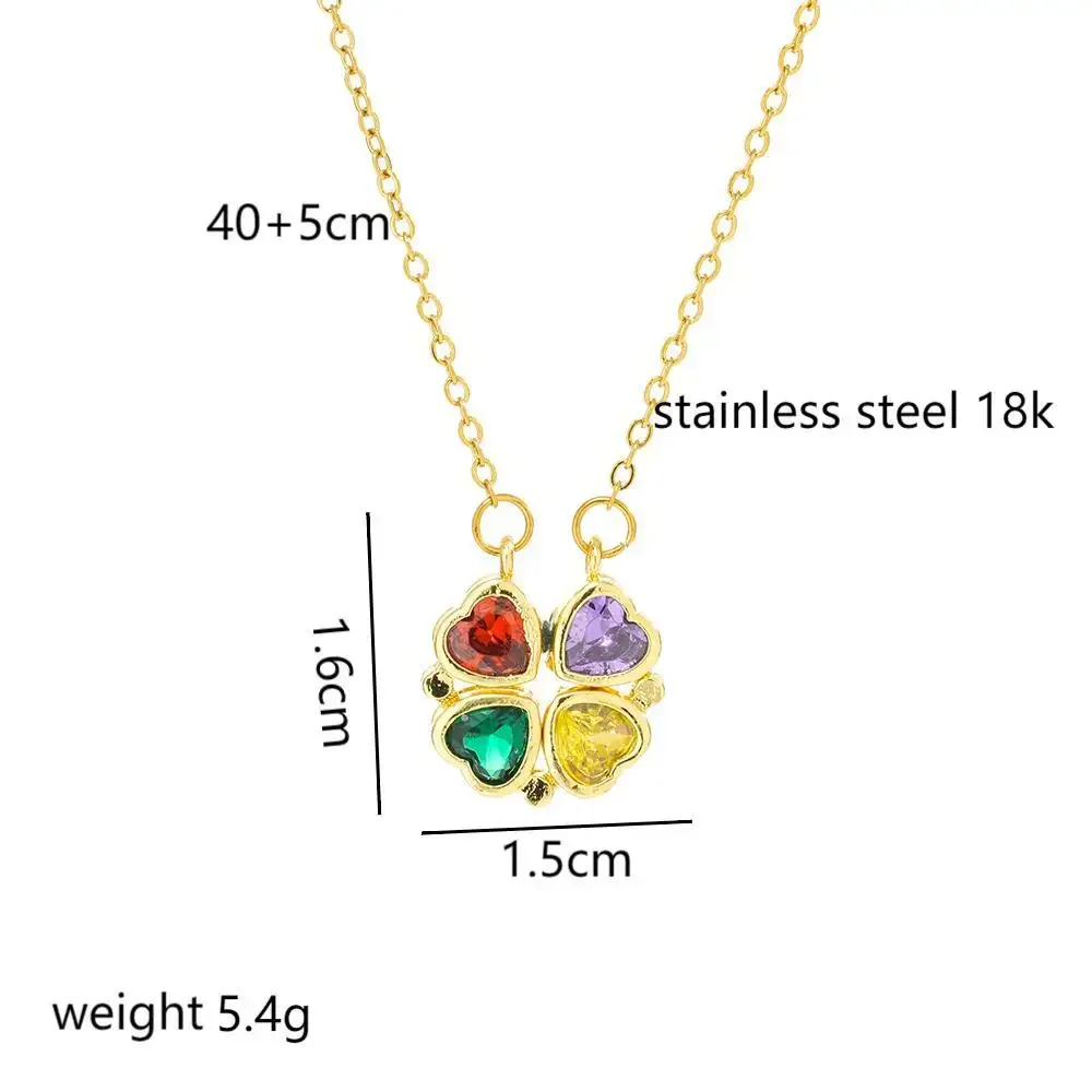 قلادتان على شكل قلب مع زهور أربع أوراق من الزركونيوم بألوان متفتحة من القلب إلى القلب