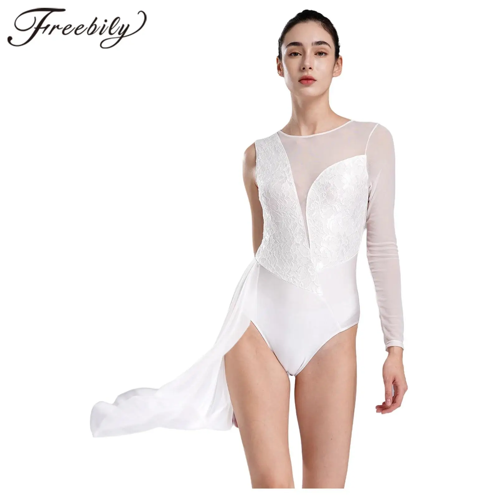 女性用体操ジャンプスーツ,透明メッシュ,長袖,フローラルレース,フィギュアスケート