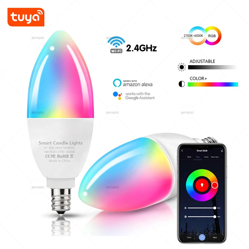 

Tuya E14 Candle Lamps APP Control Smart Bulb Bluetooth WIFI RGB 220V LED Light Dimmable Smart Life Room Home Group Crystal Lamps