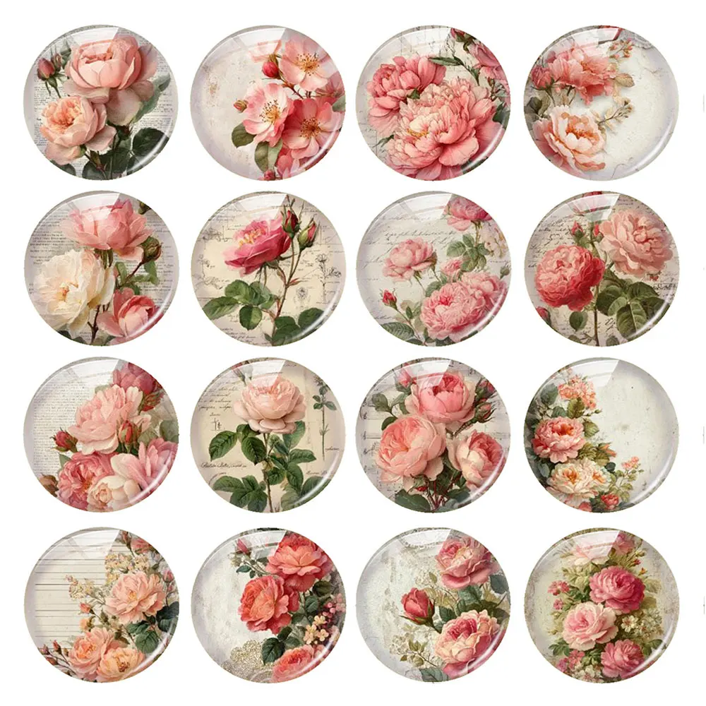 Random Mixed Round/Oval/Square Vintage Pink Rose Letter Flower Photo Glass Cabochon Flatback Demo Cameo For Diy Jewelry Making