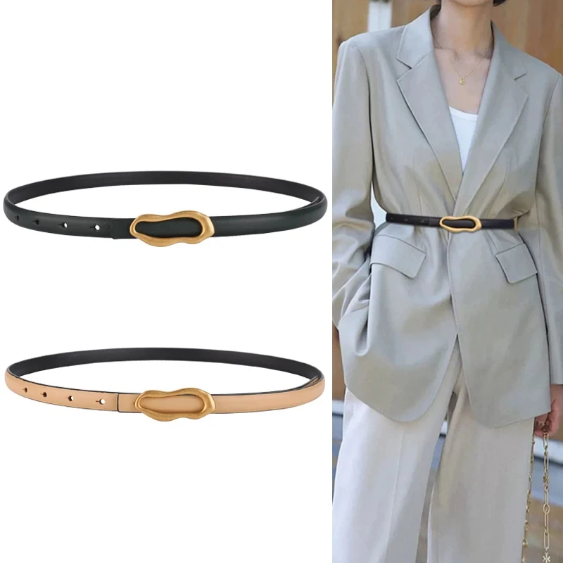 

Retro Gold Buckle Genuine Leather Women Belts Metal Buckle Matching Female Dress Jeans Adjustable Waistband