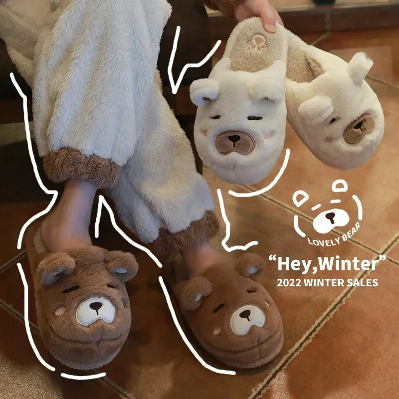 Cartoon Bear Slipper for Women Winter Indoor Warm Faux Fur Shoes Flip Flops Cute Animals Plush Platform Ladies Home Slippers