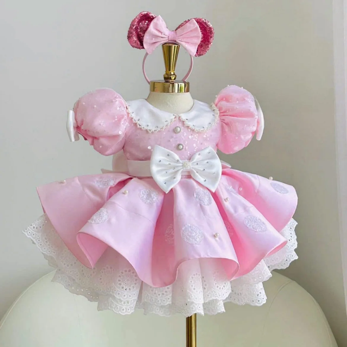 Summer Baby Girl Pearl glitter white bow pink Puffy Dress With Hairband for Casual Party Birthday Wedding Photography