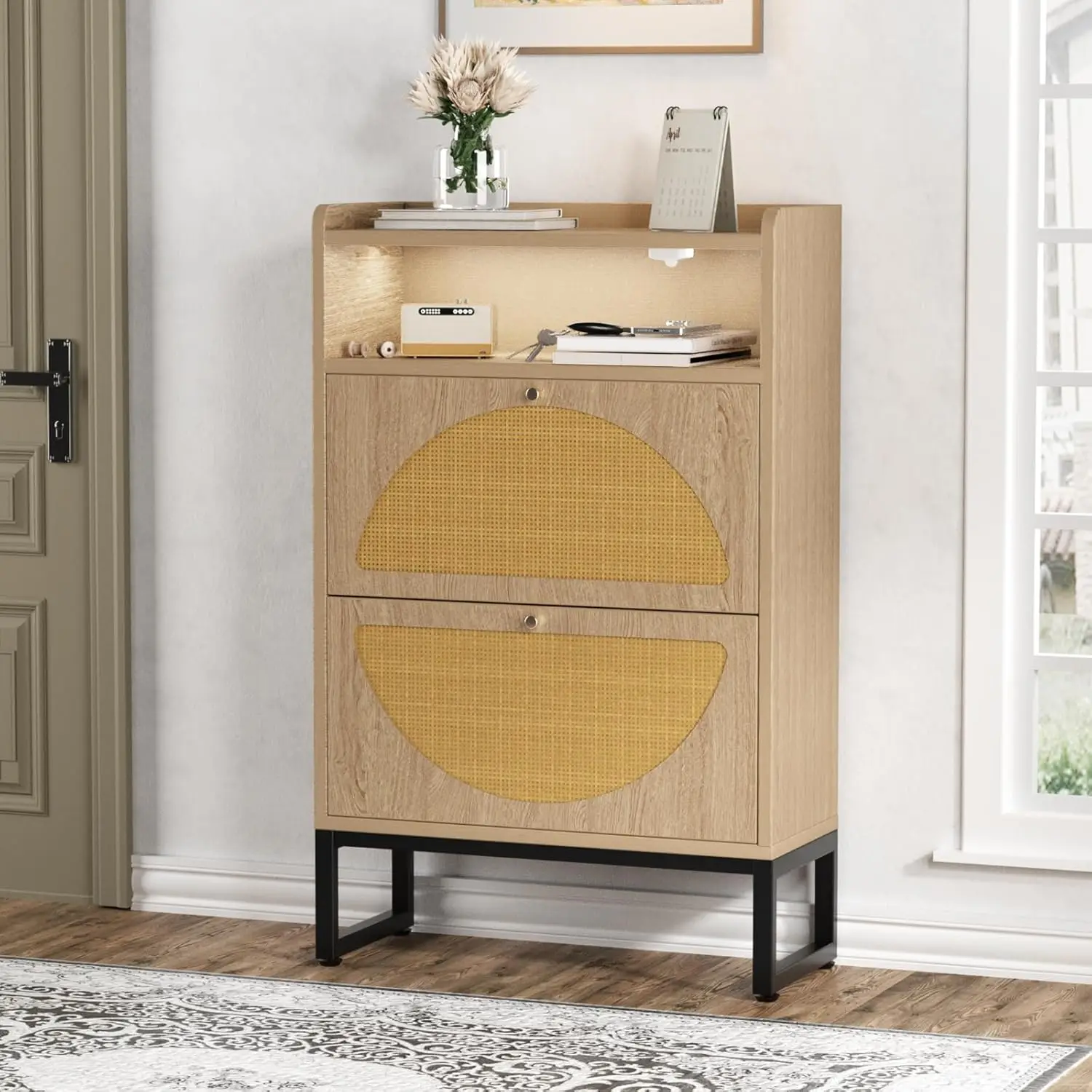 Rattan Shoe Cabinet, Shoe Storage Cabinet With 2 Flip Drawers, Entryway Slim  Cabinet With Sensor Light, Hidden