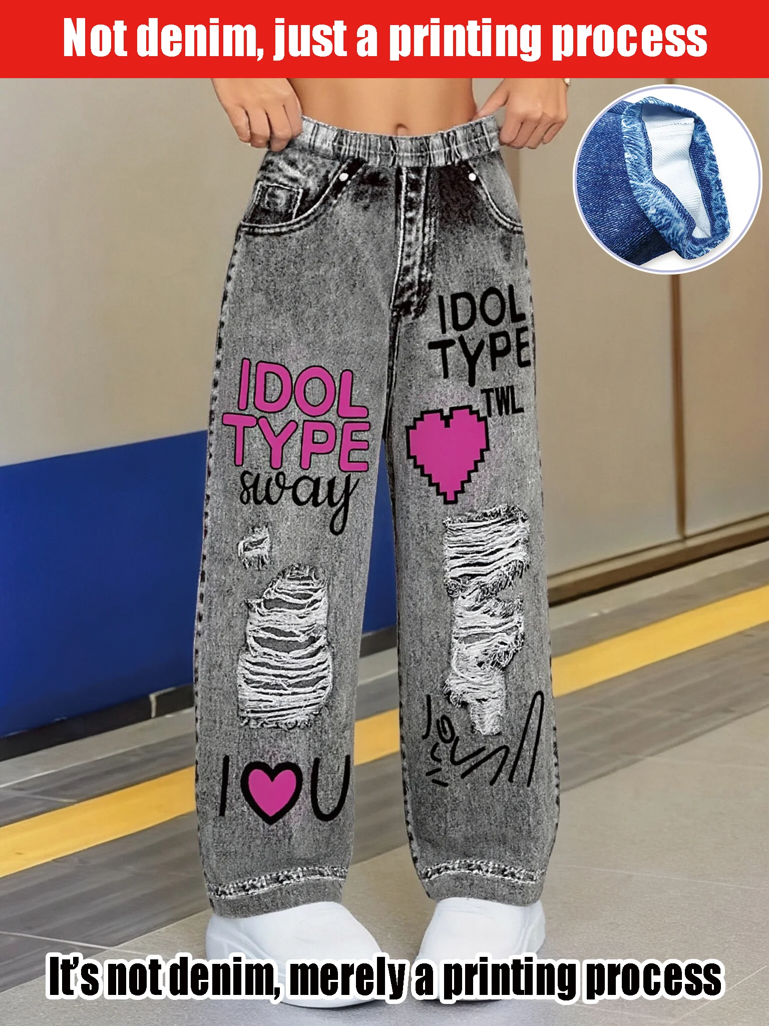 2025 Girls Hot Sale Y2K Ripped Wide Legs Imitation Jeans - Idol Style Printed Ripped Jeans Imitation Denim Street Style Clothing