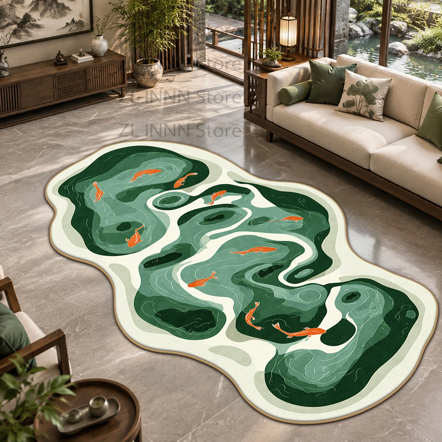 New Chinese Style Irregular Shape Decoration Home Carpet Zen Oriental Koi Fish Pattern Soft Living Room Rug Washable Large Mat