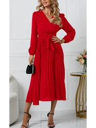 Plus Size Sexy V-Neck Pleated Party Dress Women Elegant with Belt Long Sleeve Robe Femme European and American Maxi Red Vestido