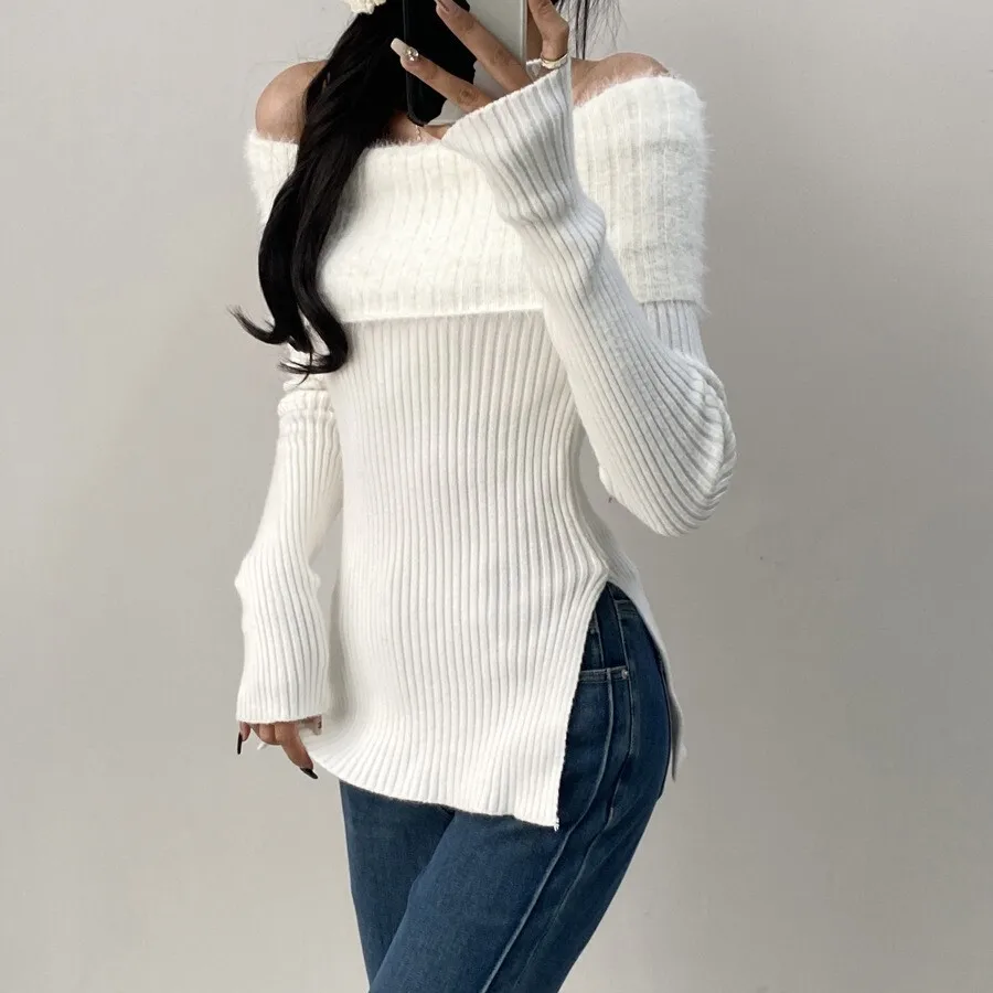 Korean Pure Desire Hot Girl One Shoulder 2024 Autumn Winter Chic Knitted Sweater Mink Velvet Top For Women