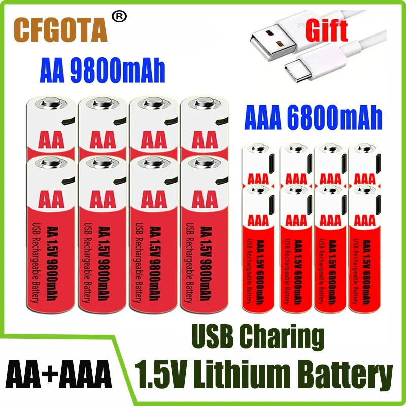 New 1.5V USB fast charging AA + AAA Rechargeable Battery Large Capacity 9800mah Li-Ion Battery For Toy Remote Control Mouse LED