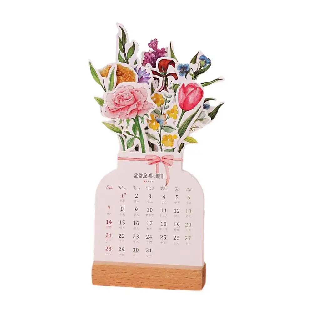 Flower Series Wooden Calendar Cartoon Rabbit and Butterfly Desktop Calendars Daily Schedule Planner 2024 New
