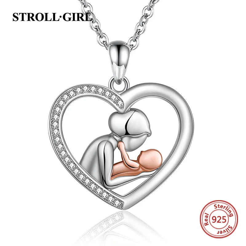 Mom Embrace Child Heart Zircon Pendant Necklaces 925 Sterling Silver Rose Gold Newborn Baby Chains For Women Fine Jewelry Gift