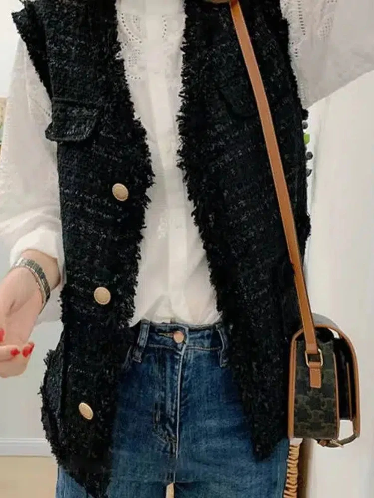 Korean Tweed Vest Jackets Oversized Sleeveless Coat Casual Chaleco Chaqueta Spring Summer Gilet Top Fashion Unlined Waistcoat