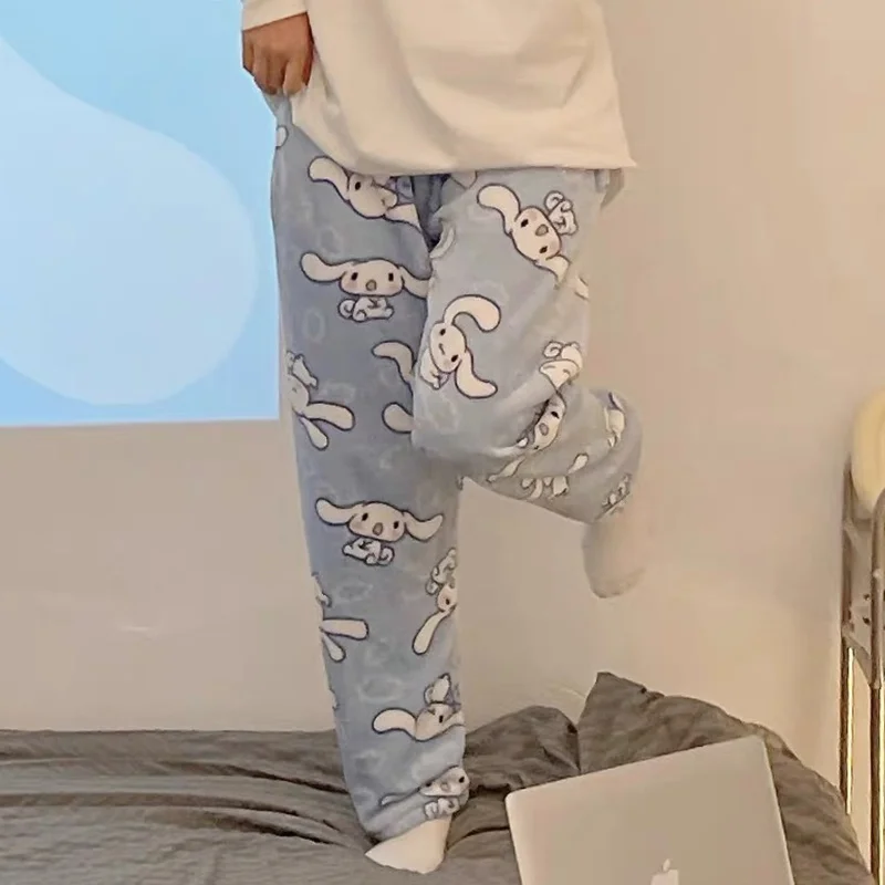 New Sanrio Cinnamoroll Sleep Bottoms Women Autumn Winter Plush Flannel Pants Thicken Kawaii Furry Coral Fleece Home Pant