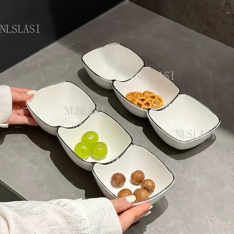 3 Connected Square Ceramic Snack Plate Silver Rim White Porcelain Divided Serving Dish For Nut Fruit Appetizer Home Table Decor