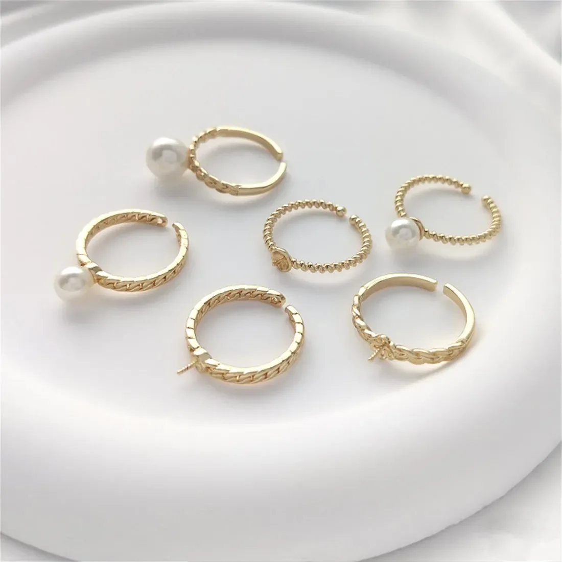 

14K Gold-Color Half-hole Bead Holder Ring, Twist Ring Setting, DIY Sticky Pearl Open Ring Ring, Handmade Material B708