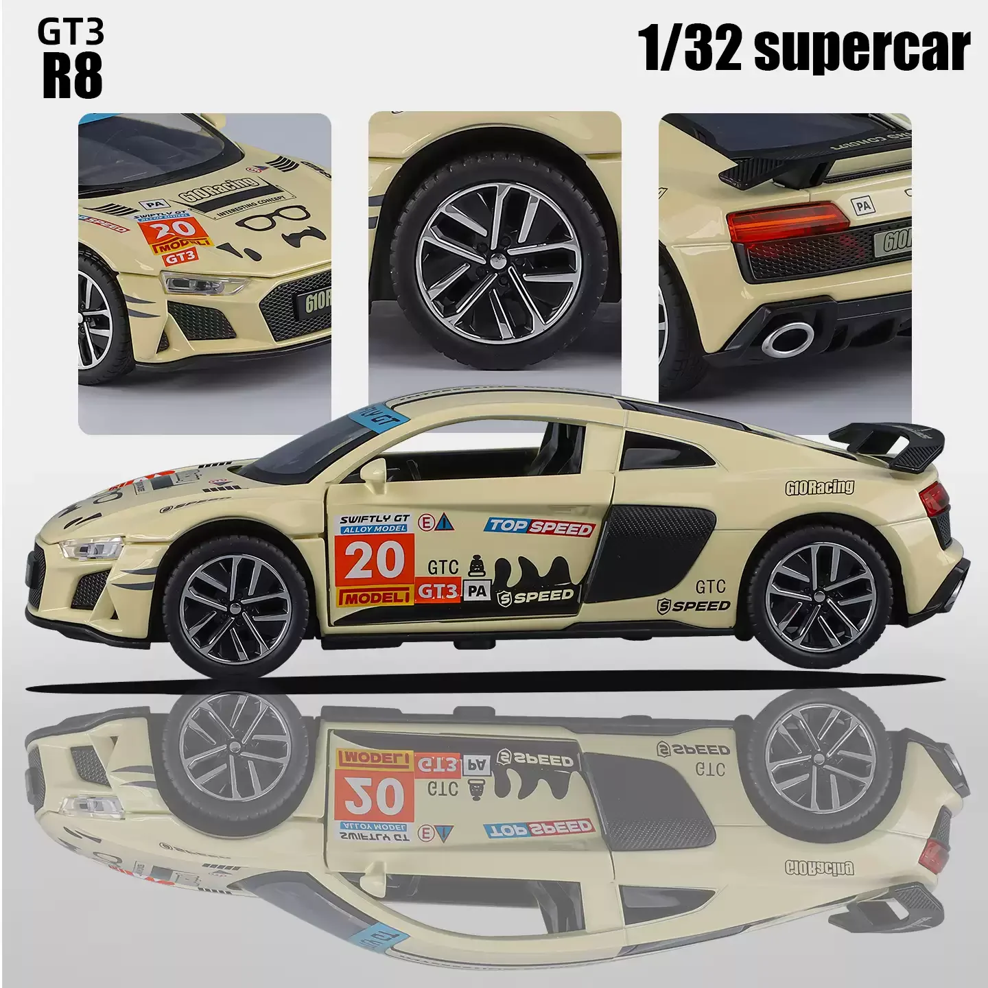 1:32 R8 GT3 Decal Version Simulation Alloy Car Model Sound and Light Effect Pullback Desktop Ornament Toy Gift