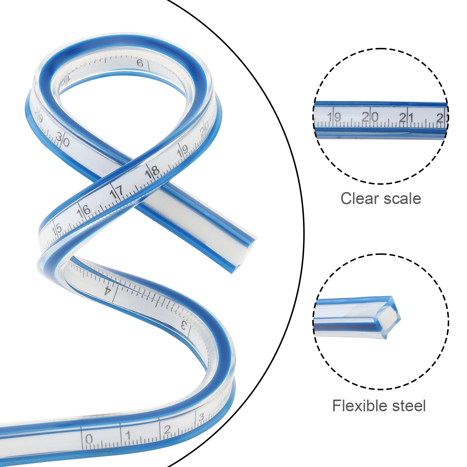 Regla curva de doble escala métrica Imperial, herramienta de dibujo de ingeniería de costura, plantilla curva Flexible suave en forma de serpiente, 1 pieza