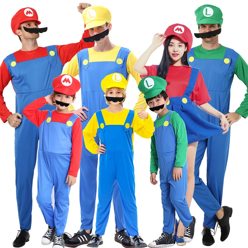 Anime 4 colores Super Luigi Brothers Cosplay adultos hombres y mujeres niños niñas mono barba sombrero conjunto accesorios de disfraz de Halloween