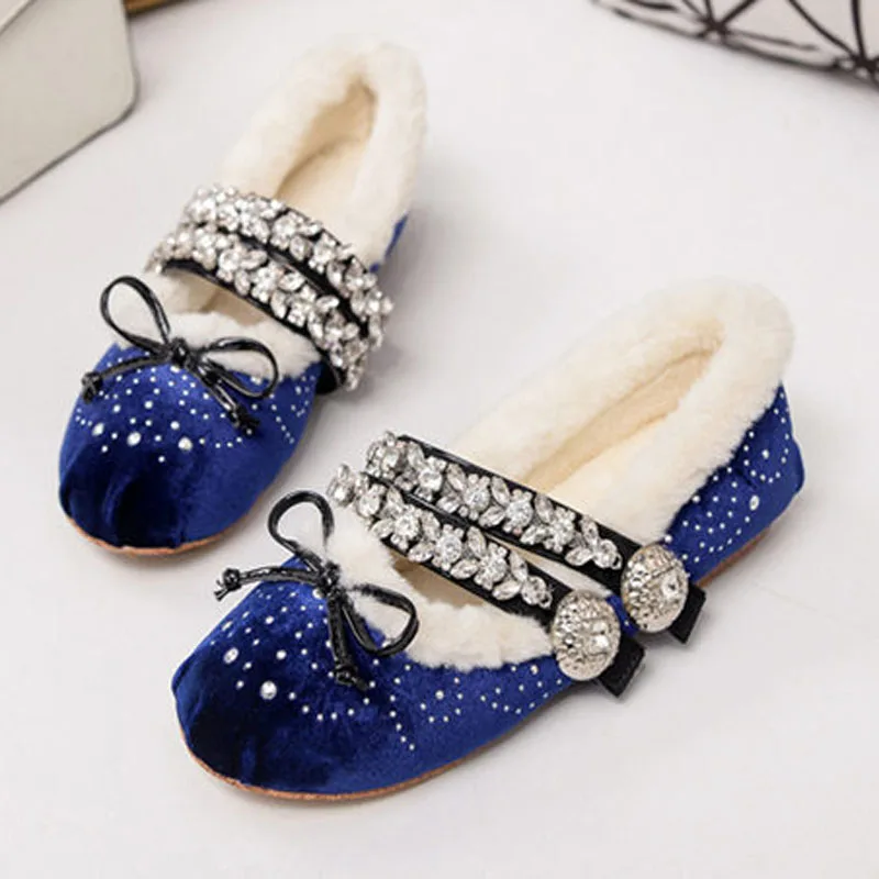 

Glitter Rhinestone Double Strap Ballet Velvet Flats Shoes Women Bowtie Bling Crystal Buttons Winter Plush Fur Fishman Shoes