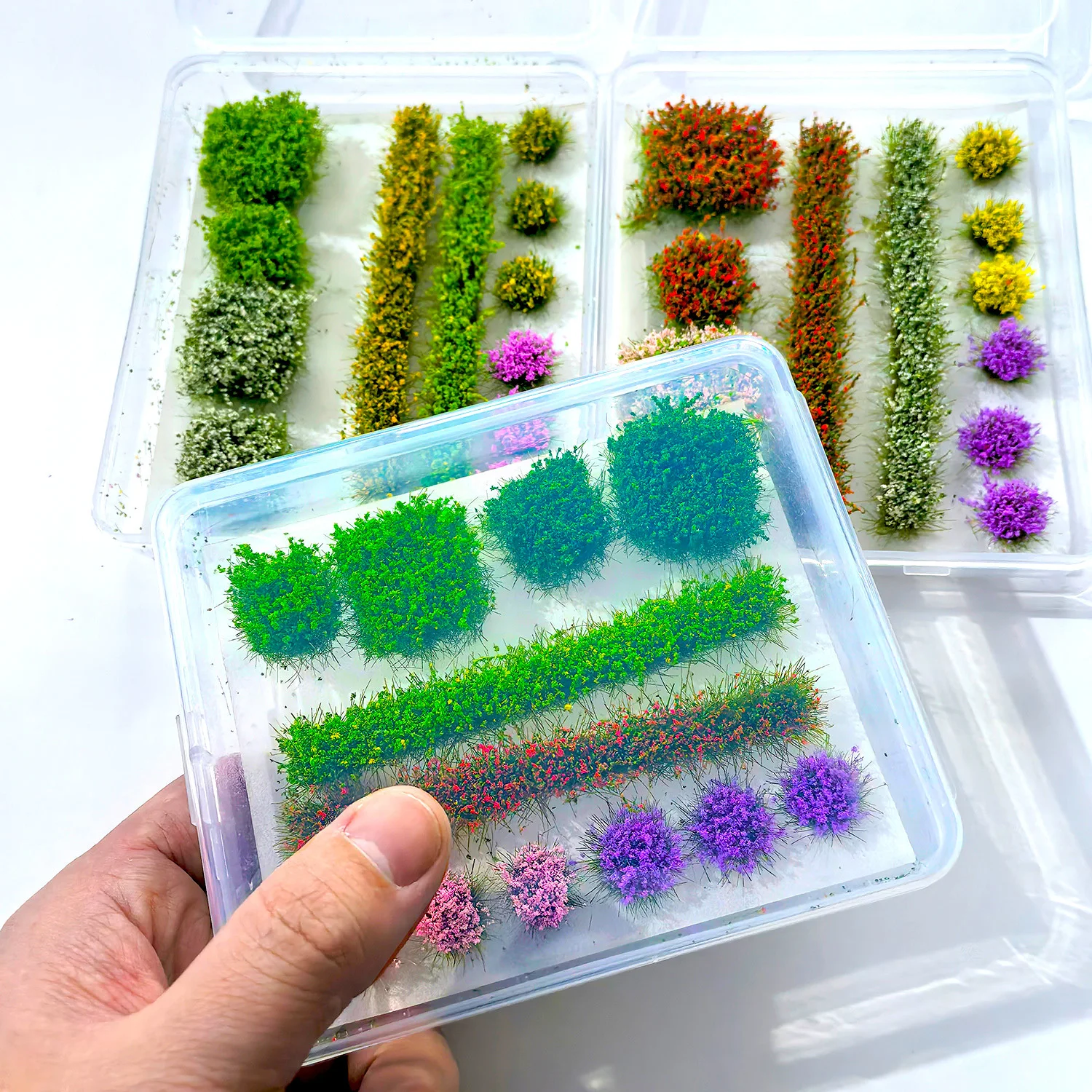 12 Piezas/Caja de Ramilletes de Flores Coloridas en Miniatura, Mechones de Hierba Estática para Dioramas, Maquetas de Ferrocarriles, Paisajes y Escenografía