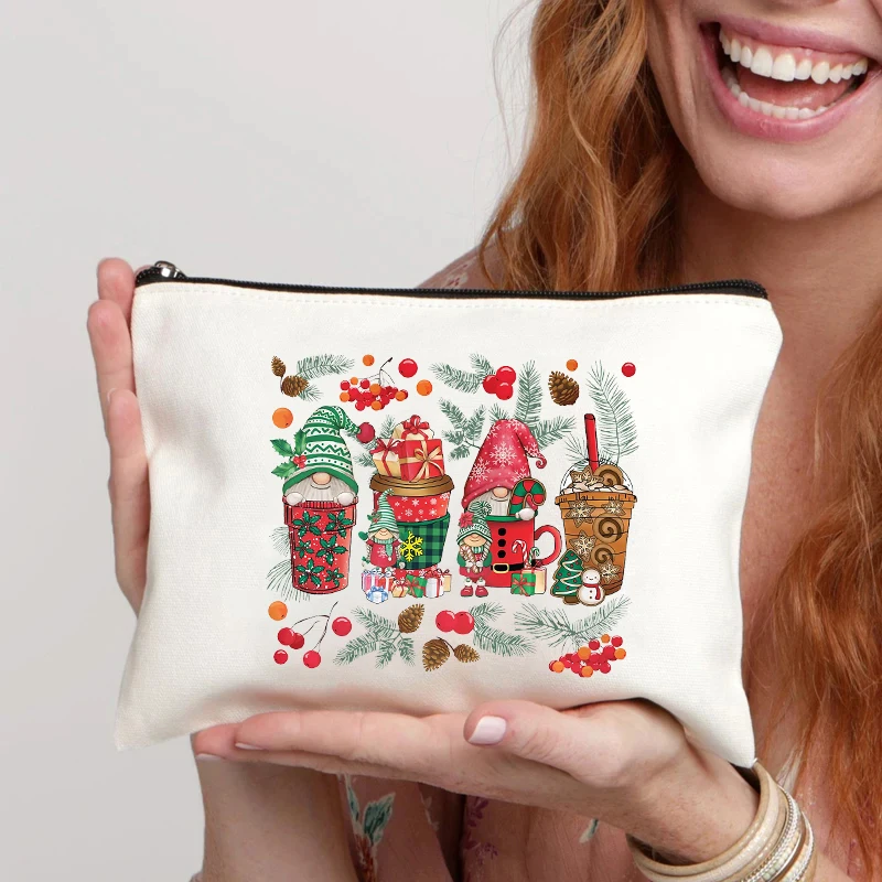 Santa Claus Tree Printed Canvas Cosmetic Bag Organizer Zipper Storage Pouch Office Supplies Pencil Case Halloween Christmas Gift