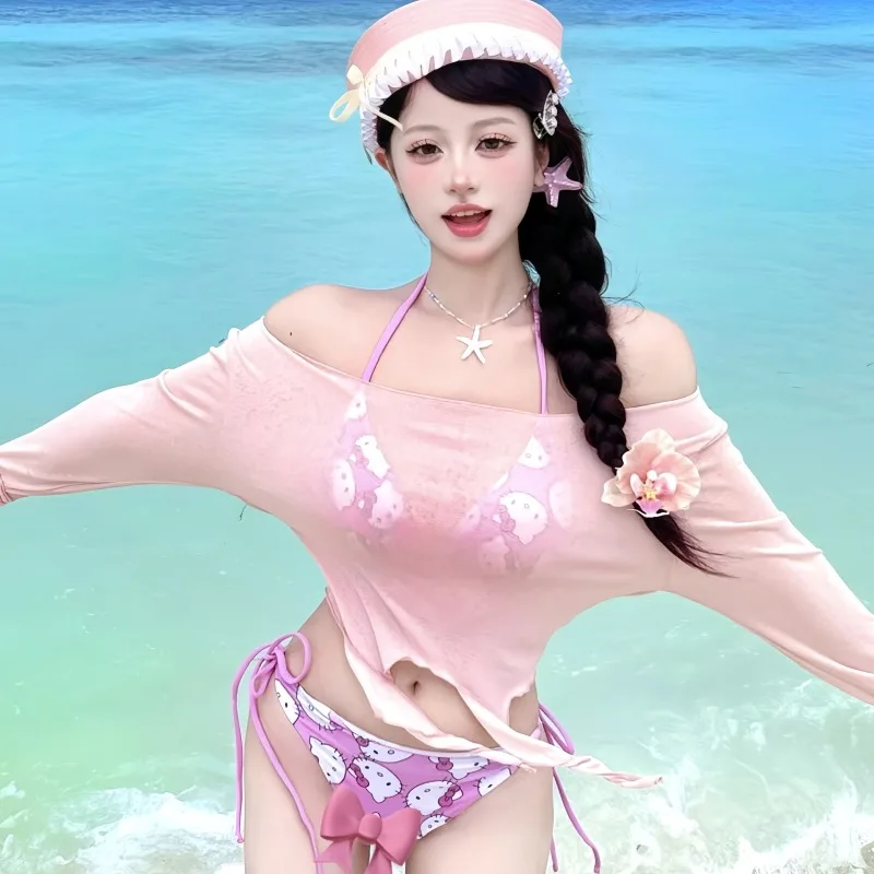 Sweet Girl 2-Piece Beach Swimsuit Pink Cartoon Print Push-up Bikini Set Sunscreen Cover-up Dress Uv Protection Vacation Swimwear