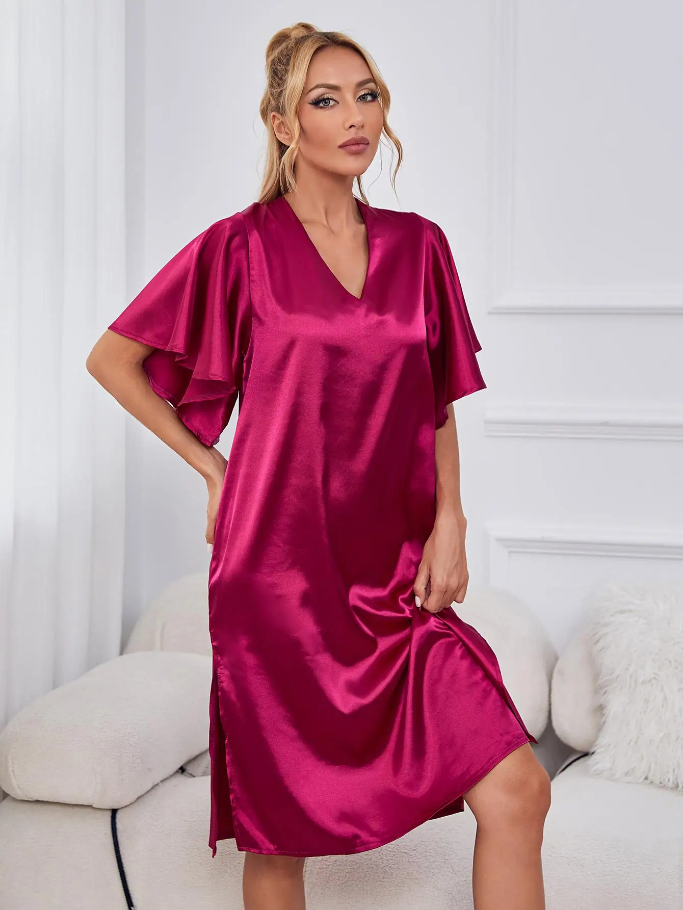 Women Nightgown Summer Night Dress Silk Satin Sexy Sleepwear Loose Casual Home Wear Nightwear Ruffle Sleeve Side Split Pajamas