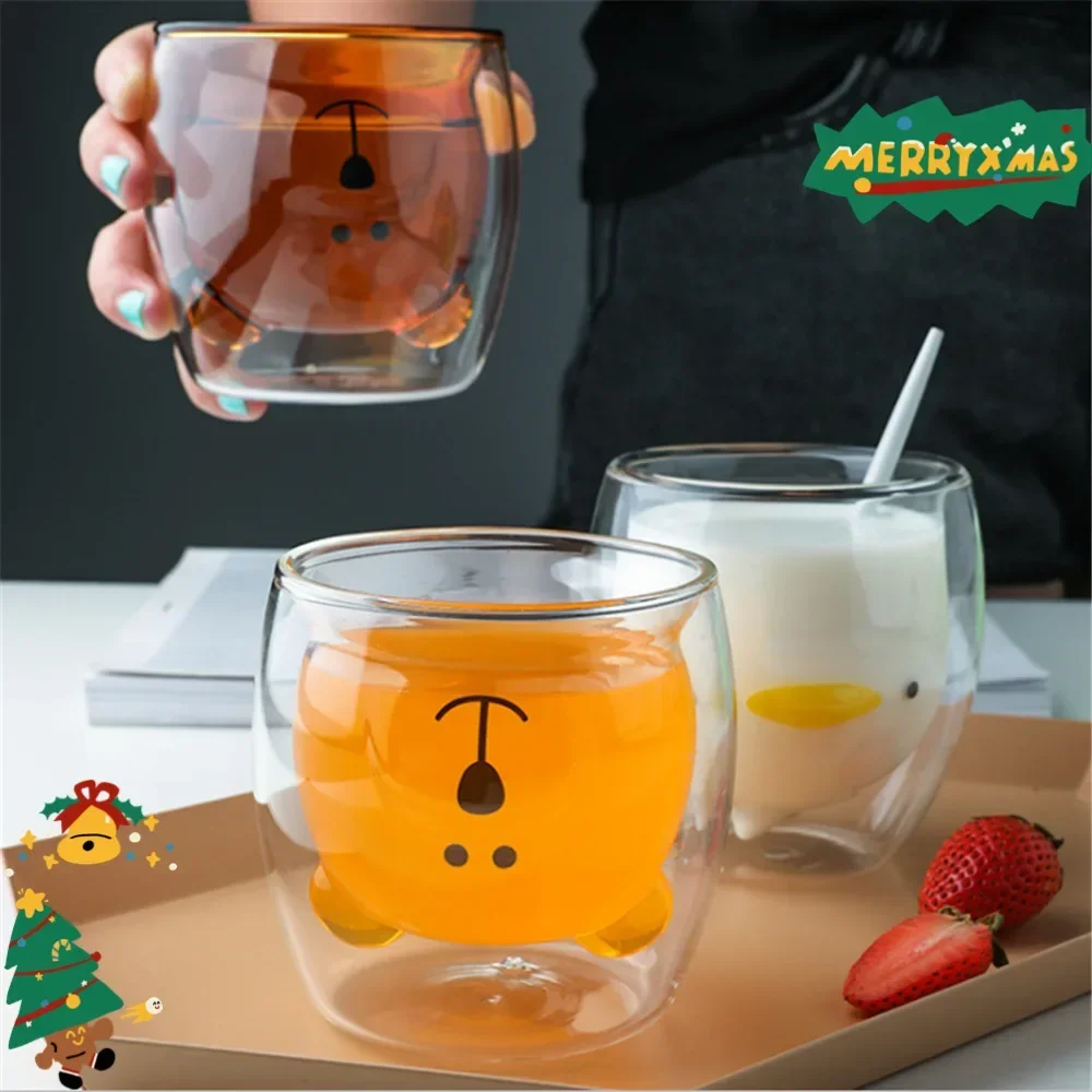 Schöne Glas Becher Transparent Doppel-Schicht Kaffee Becher Cartoon Bär Katze Verhindern Verbrühungen Glas Tasse Frühstück Milch Zitrone Saft tasse Becher