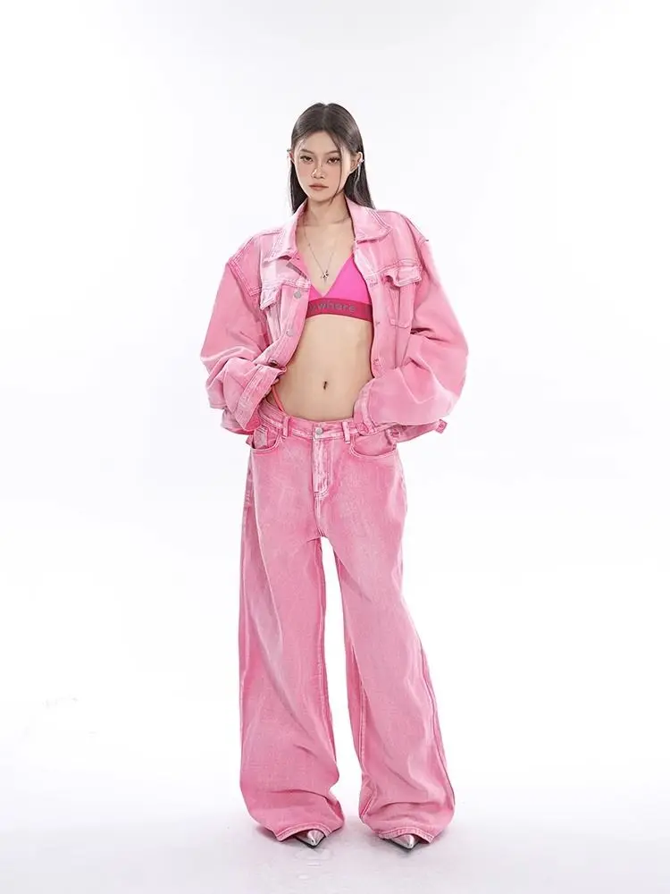 Unisex Personalized Trendy Pink Two Piece Wide Leg Pants Silhouette Denim Jacket With High Streetwear Wide Leg Jeans Pants