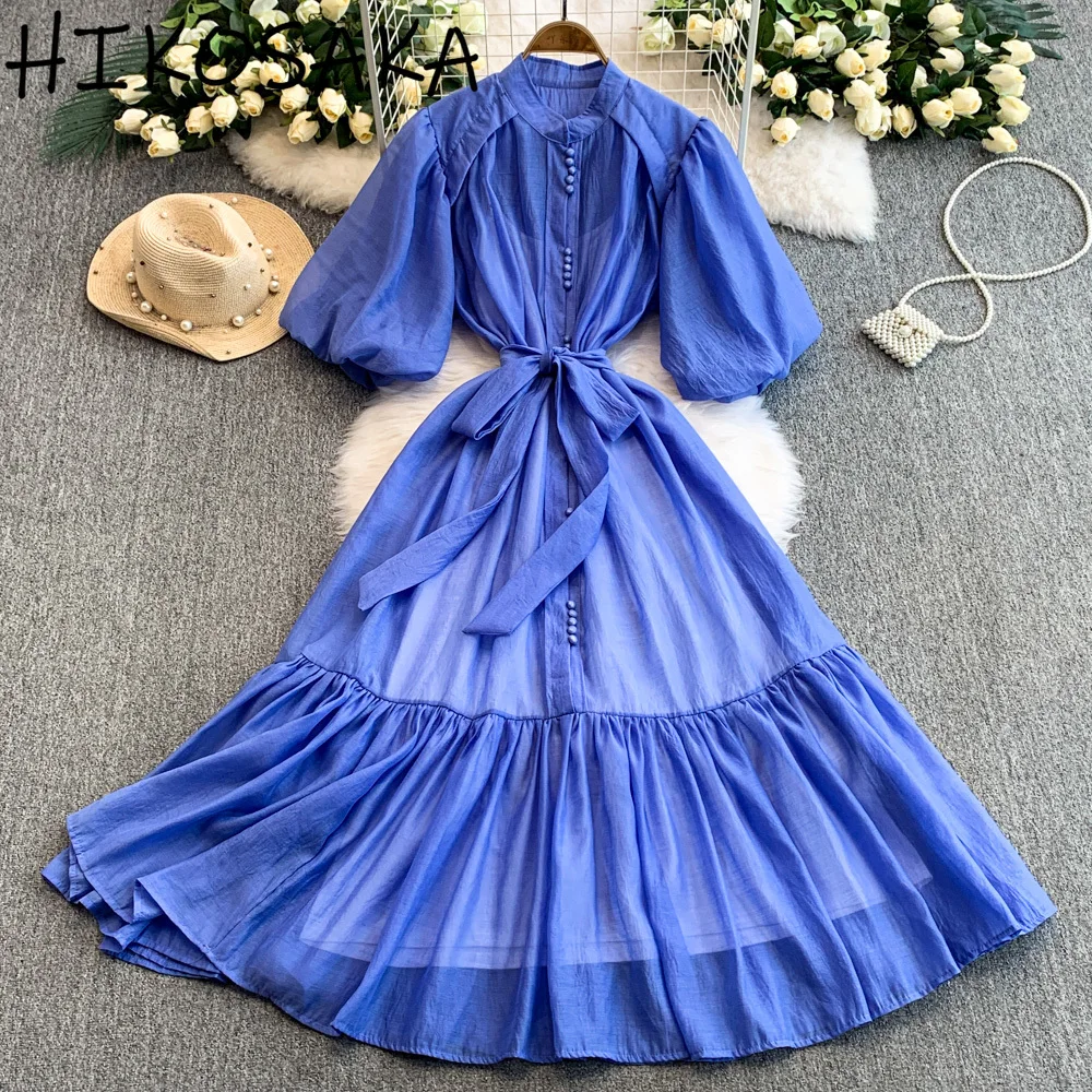 

Fashion Casual Stand Collar Puff Sleeve Dress Single Breasted Lace Up Slim Waist Ruffles Patchwork Robe 2025 Summer Chic Vestido