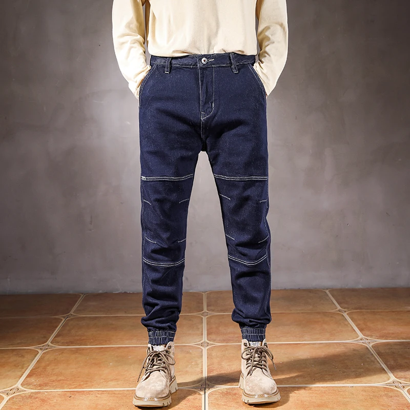 Men Jeans Cargo Pants Stretch Loose Fit Solid Blue Outdoor Patchwork Streetwear Men's Ankle Tied Pants Denim Trousers Jogging