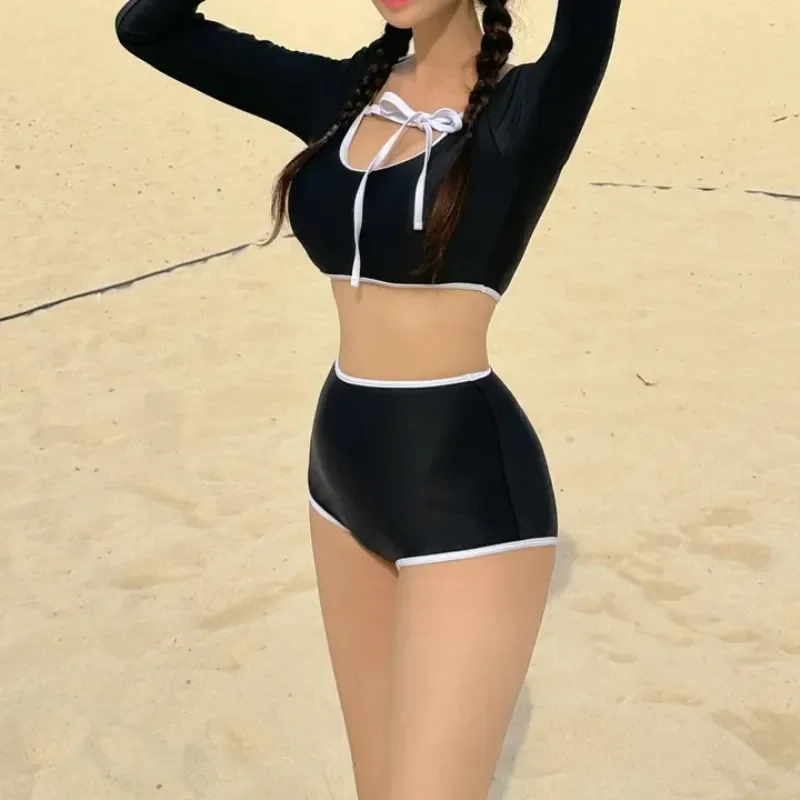 

Женский ретро-купальник бикини черно-белого цвета с отделкой, состоящий из двух частей, с длинными рукавами и высокой талией, для пляжного отдыха