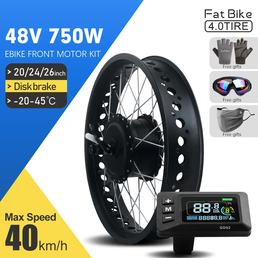 Electric Fat Bike Kit 48V 750W 20/24/26inch 4.0Tyre Brushless Front Hub Motor Wheel Dropout 135mm For Snow Ebike Conversion Kit