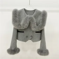 Autumn Winter Real Fur Coat Jacket Women Natural Fox Fur Collar Cuffs Short Cashmere Wool Woolen Ladies Outerwear Female Coat