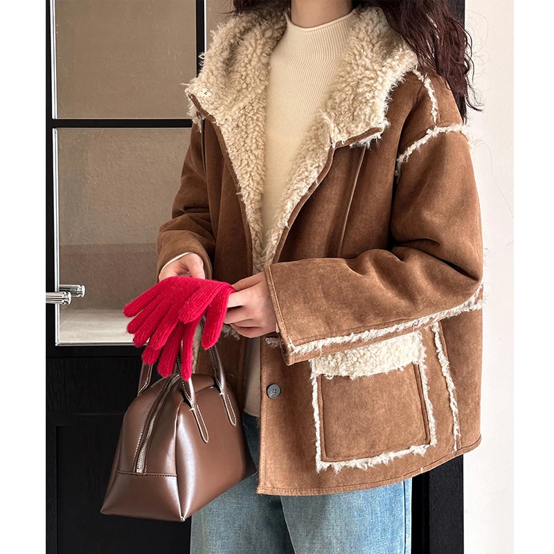 2024 New Women Winter Warm Thick Coat Jacket Women Furry Inner Coat O-Neck Tops Single Button Coat Casaco Feminino