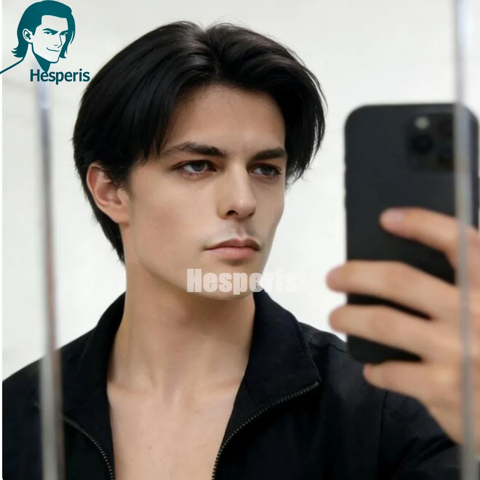 Hesperis Men's Short Bob Cut Lace Front Wigs With Bang Pre-Style Transparent Lace Natural Look Human Hair Wig for Boys