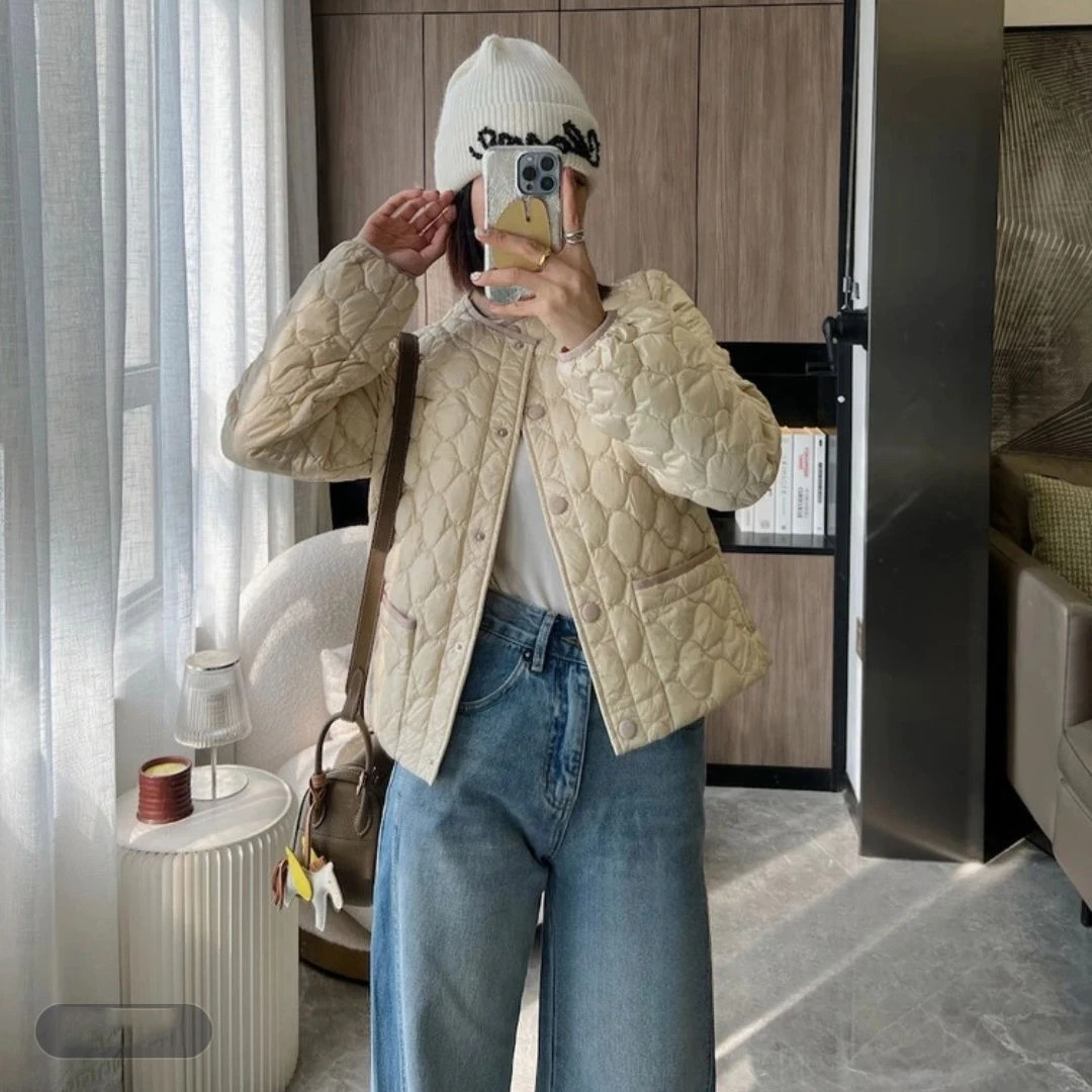 가을, 겨울 새로운 여성 다운 재킷 통근 라운드 넥 다이아몬드 그리드 경량 재킷