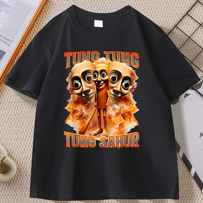 Tung Tung Tung Sahur Bedrucktes T-Shirt für Männer und Frauen, italienisches Brainrot-T-Shirt, lustige Baseballschläger-T-Shirts, Rundhalsausschnitt, Baumwollkleidung – Detail 5