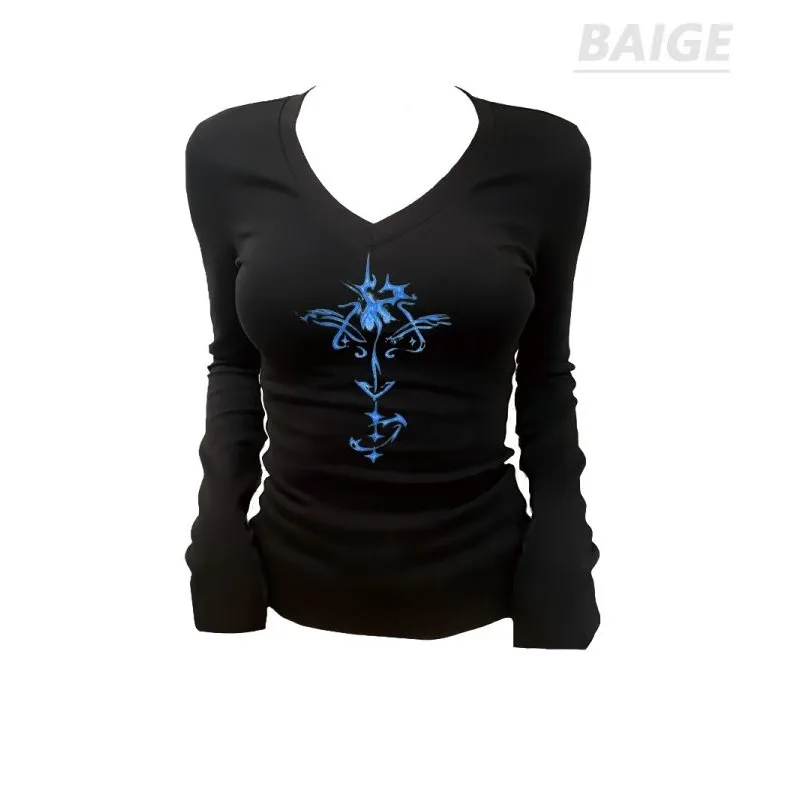 

V-neck Long Women's Pullover Geometric Long-sleeved Fashionable Casual Bottoming Shirt Top