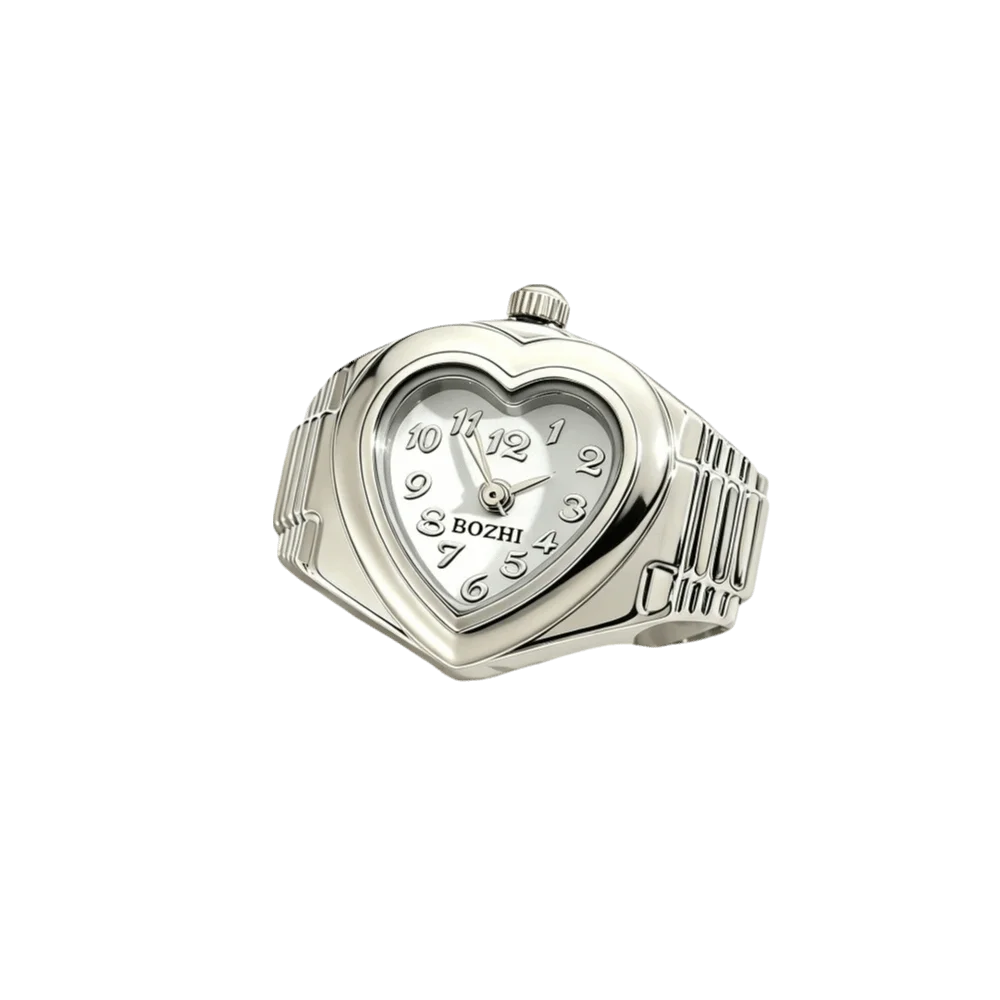 Stainless Steel Mini Finger Watch Heart Shaped Adjustable Elastic Strap Ring Watch Mini Clock Quartz Movement