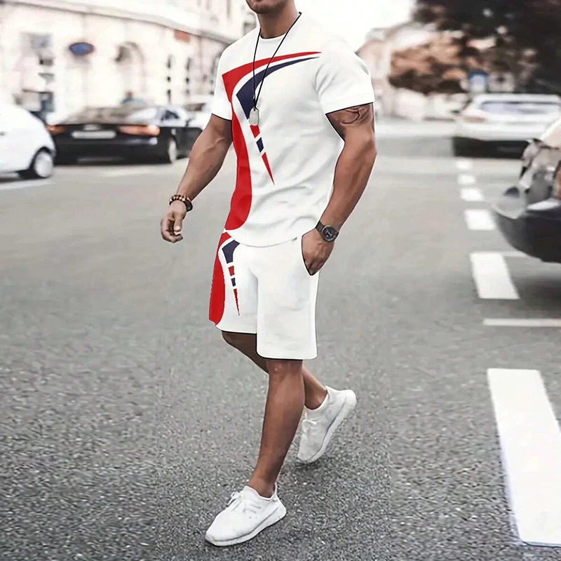 Summertime Fashion Men's O-collar Sports 2 Piece Set Short Sleeve Shorts Print Ventilate Suit Quick Dry Fitness Men's Suit