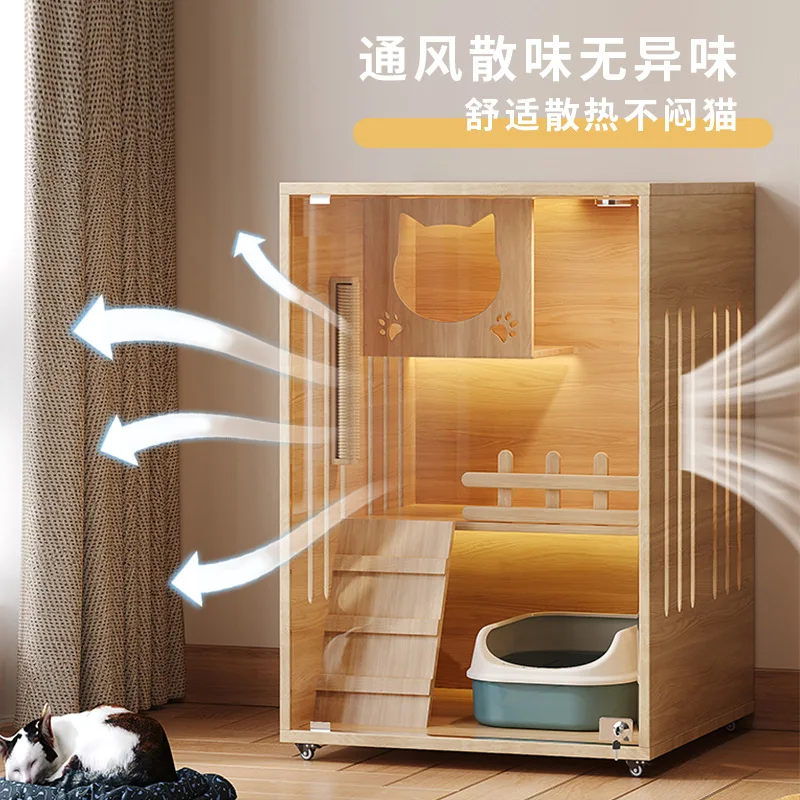 Cat House 3 Layers, Large Space Wooden Cat Villa with Door, Panoramic View Cat Condo for Home Use