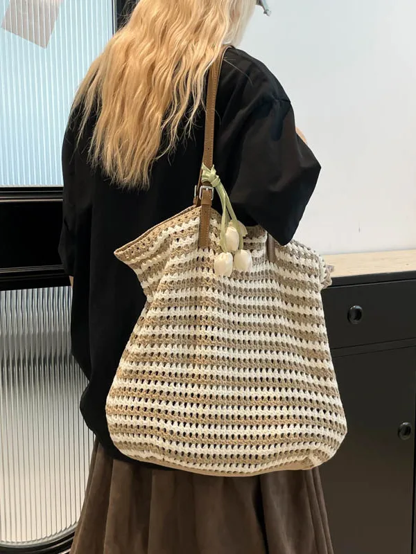 

Women's Large Capaci Knitted Tote Bag 2025 New Color Blo Striped Lazy Sle Single oulder Commuter Bag Buet ape