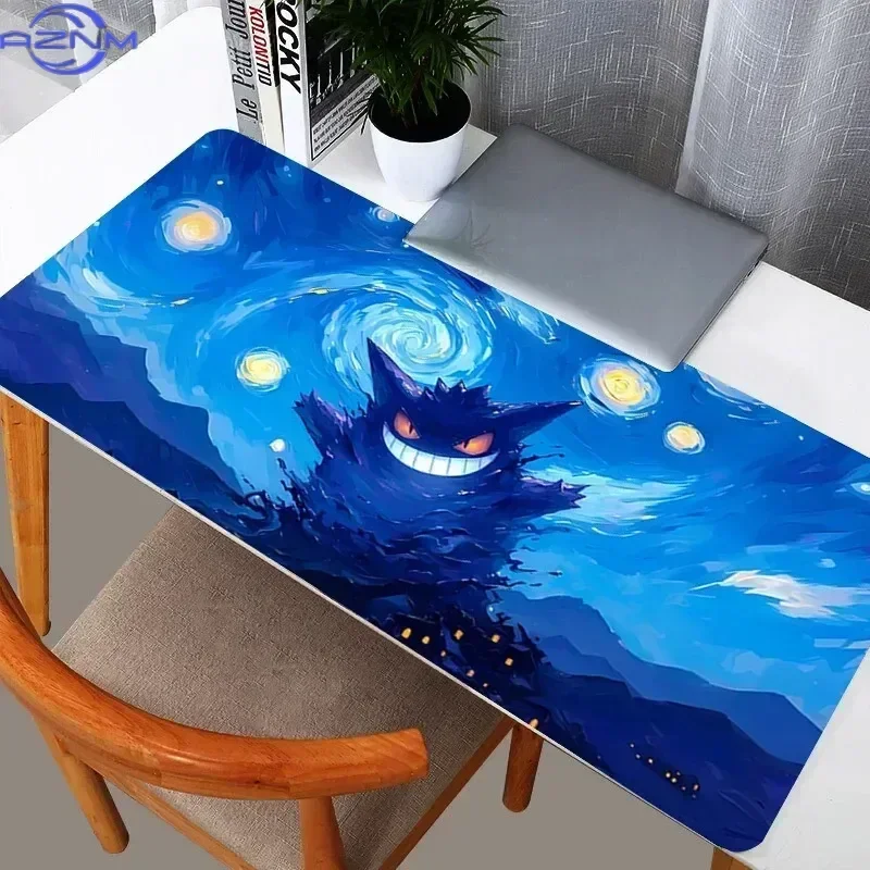 Large Extended Mousepad, Starry Night Oil Painting Style Dark Purple Cartoon Creature Desk Mat, Rubber Non-Slip Base, Waterproof