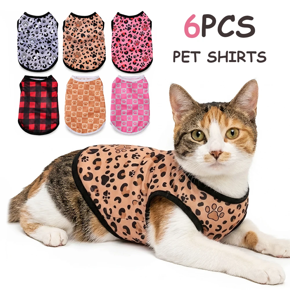 6Pcs Pet Cat Shirts for Kitten Small Dogs Lightweight Breathable Summer Leopard Print Sphynx Cats Apparel Soft Everyday Wear Set
