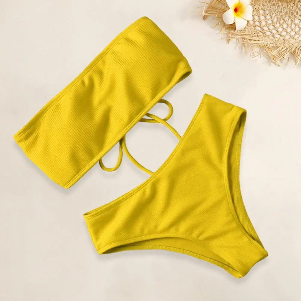 Women Beach Suit Chest Pad No Underwire High Waist Bathing Two-piece Set Bandeau Swimming Trunks Split Bikini Set Beachwear 80%