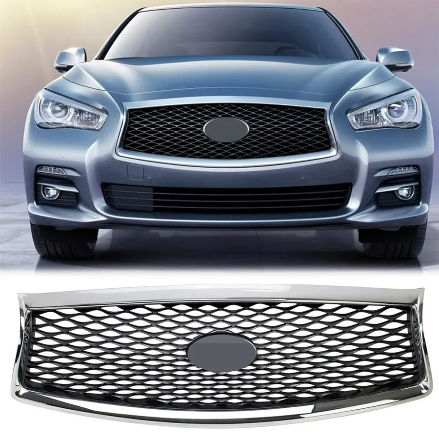 

Для Infiniti Q50 2014-2017 серая сетчатая рамка с гальваническим покрытием, передняя решетка с отверстием для камеры OE 623104HB1B