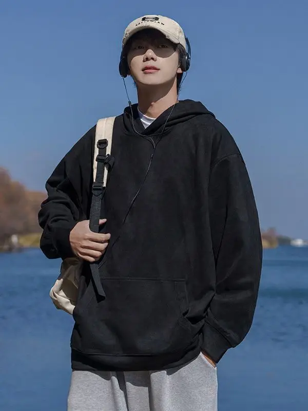 Suede Hoodie Men's Casual Sports Shirt Sanding Sweatshirts with Pockets Hooded Pullover Men Tracksuit Hip Hop Streetwear